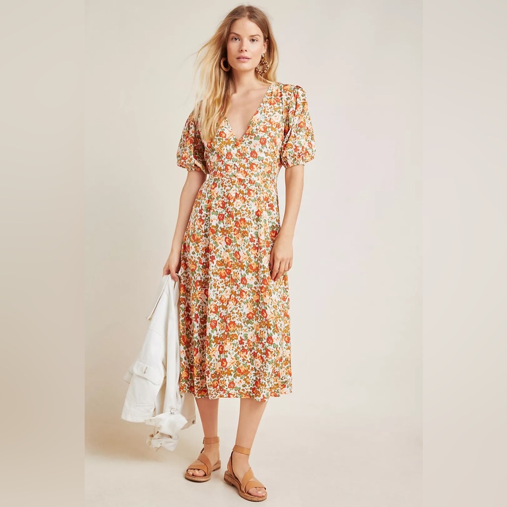 Anthro Faithfull the brand Delia Midi Dress floral cottage prairie puff sleeve M